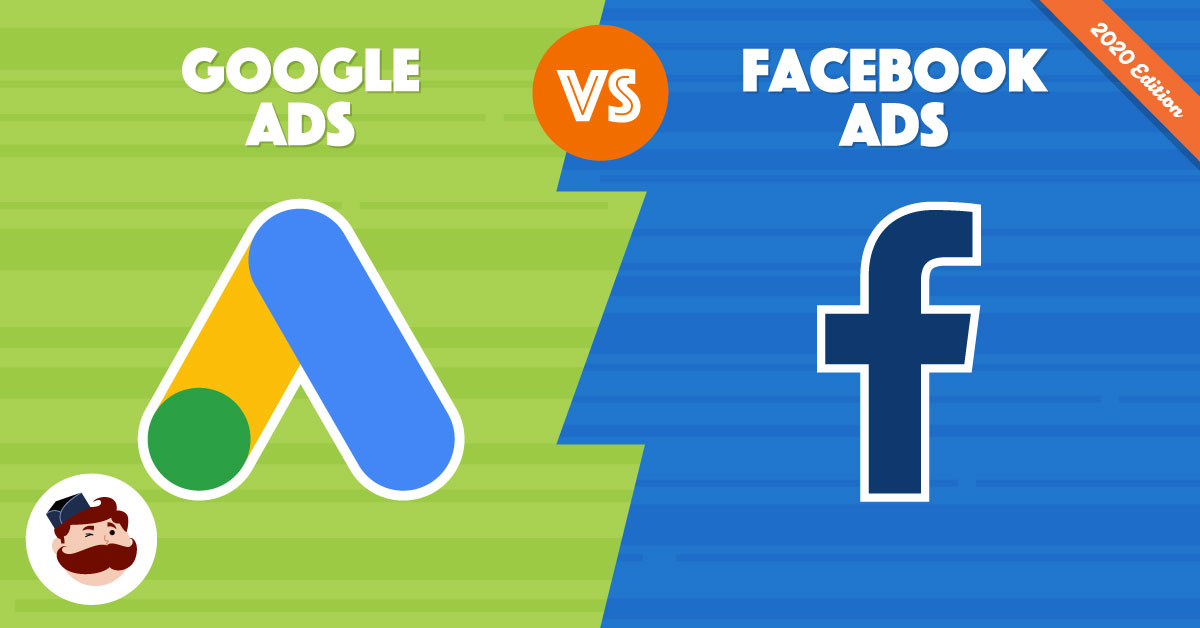 Facebook vs Google Ads comparison showing logos of both advertising platforms on green and blue backgrounds with a VS icon in the center.